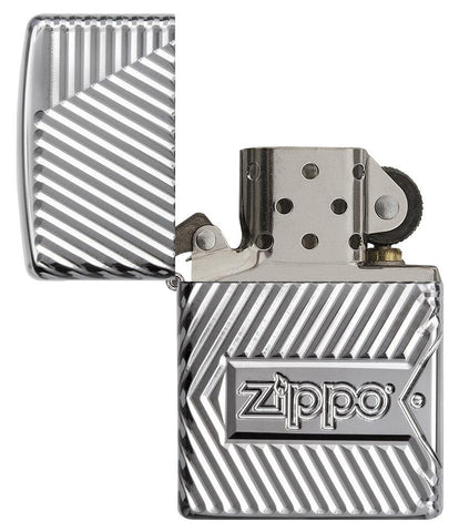 Zippo Bolts Design Windproof Lighter with its lid open and unlit