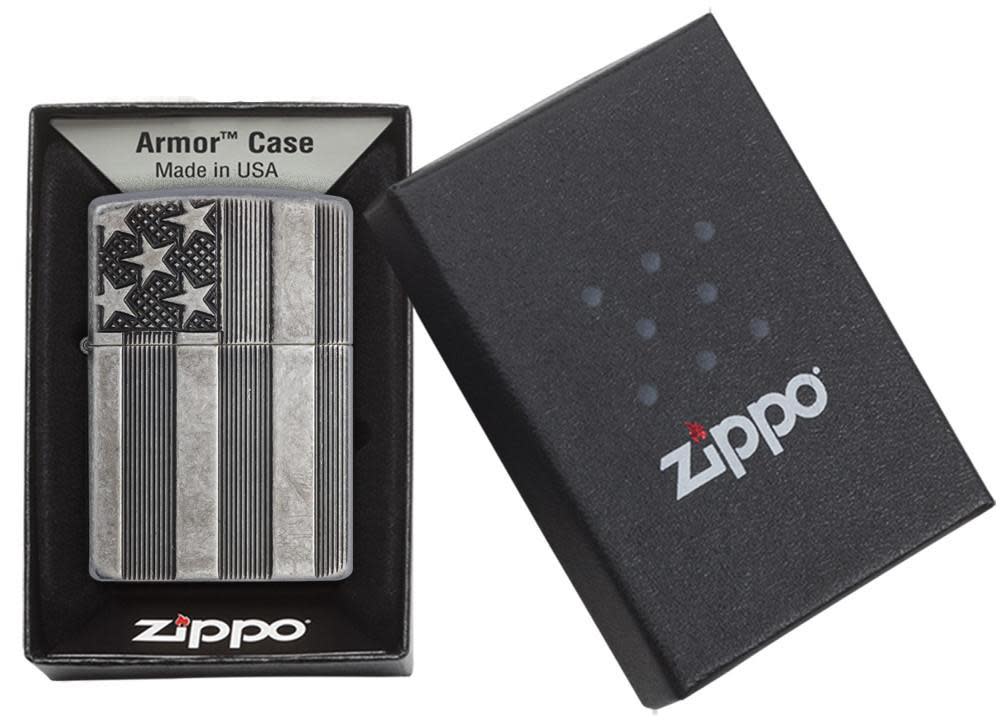 American Flag Armor Antique Silver Plate Windproof Lighter in its packaging