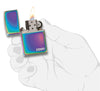 Classic Multi Color Zippo Logo Windproof Lighter lit in hand.