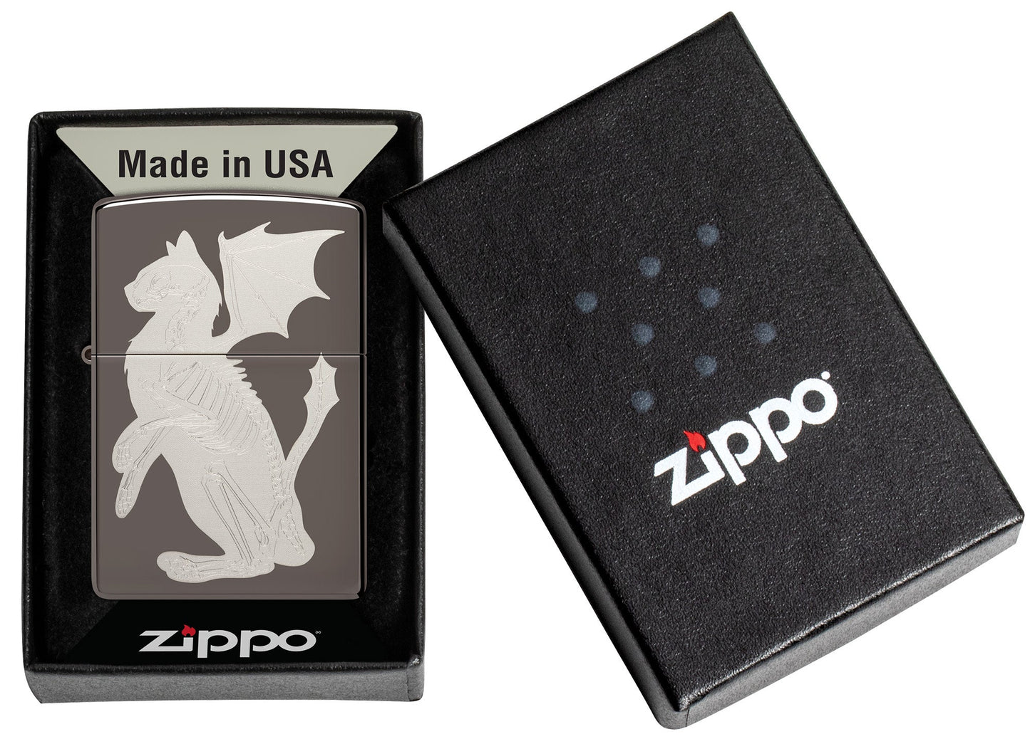 Dragon Cat Design Black IceÂ® Windproof Lighter in it's packaging.