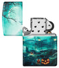 Zippo Graveyard Design 540 Color Windproof Lighter with its lid open and unlit.