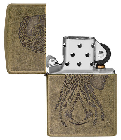 Assassin's Creed® Valhalla pocket lighter open and unlit showing the front of the lighter