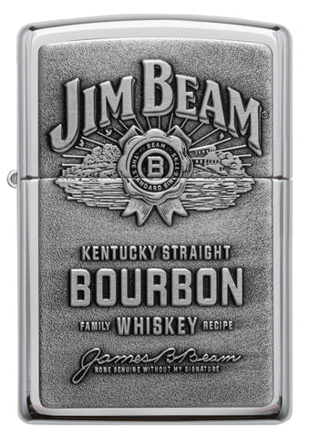 Front view of Jim Beam Bourbon Whiskey Emblem High Polish Chrome Finish Lighter.
