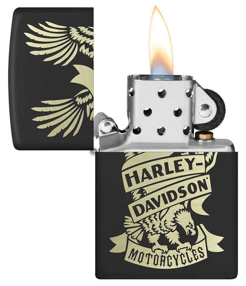 Harley-DavidsonÂ® Eagle Black Matte Windproof Lighter with its lid open and lit.