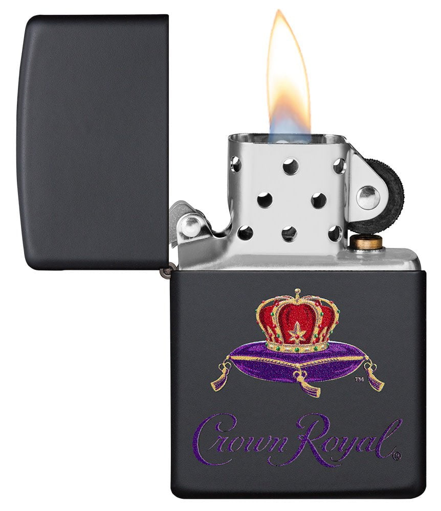 Crown Royal® Logo Black Matte Windproof Lighter with its lid open and lit.