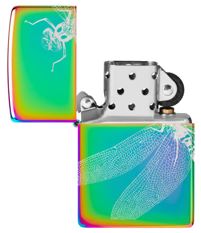 Zippo Dragonfly Design Multi Color Windproof Lighter with its lid open and unlit.