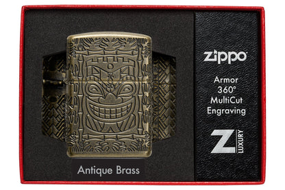 Tiki Design ArmorÂ® Antique Brass Windproof Lighter in it's packaging.
