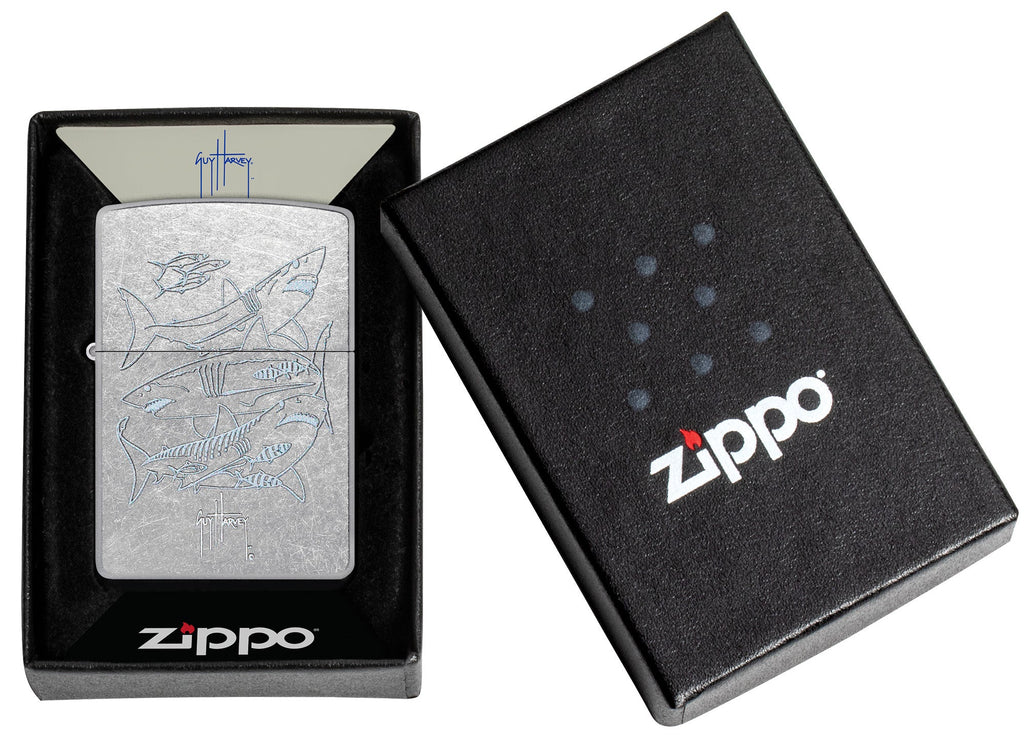 Zippo Guy Harvey Shark Design Street Chomre Windproof Lighter in its packaging.