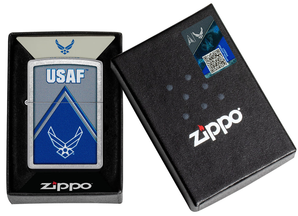 Zippo U.S. Air Force Design Street Chrome Windproof Lighter in its packaging.