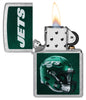 NFL New York Jets Helmet Street Chrome Windproof Lighter with its lid open and lit.