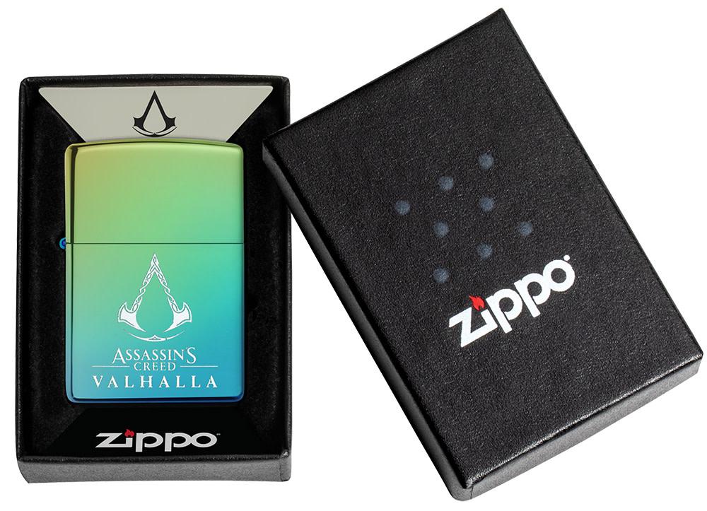 Assassin's Creed® Valhalla Logo High Polish Teal Windproof Lighter in its packaging.