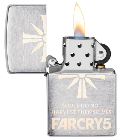 Far Cry 5 Eden's Gate Windproof Lighter with its lid open and lit