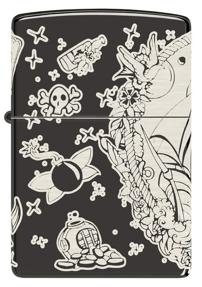 Front shot of Laser 360Â° Pirates Treasure Design High Polish Black Windproof Lighter.