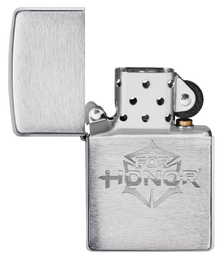 For Honor® Brushed Chrome Windproof Lighter with its lid open and unlit