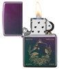 Plague Doctor Mask Iridescent Windproof Lighter with its lid open and lit