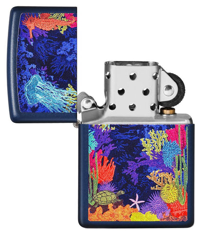 Sea Life Design Navy Matte Windproof Lighter with its lid open and unlit