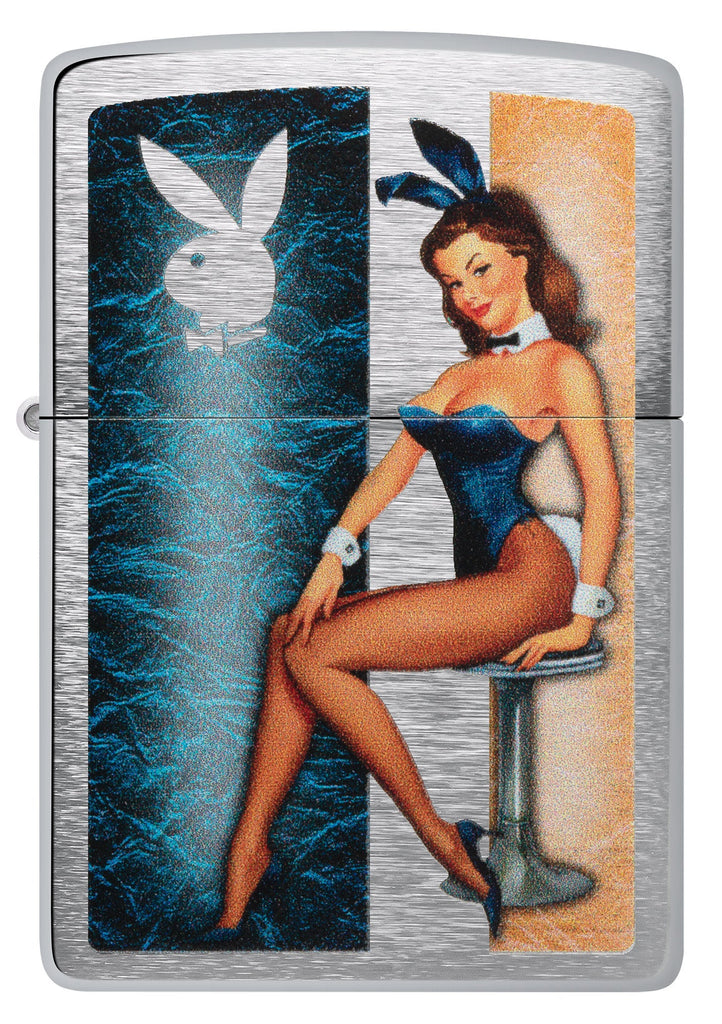 Front shot of Playboy Playmate Brushed Chrome Windproof Lighter.