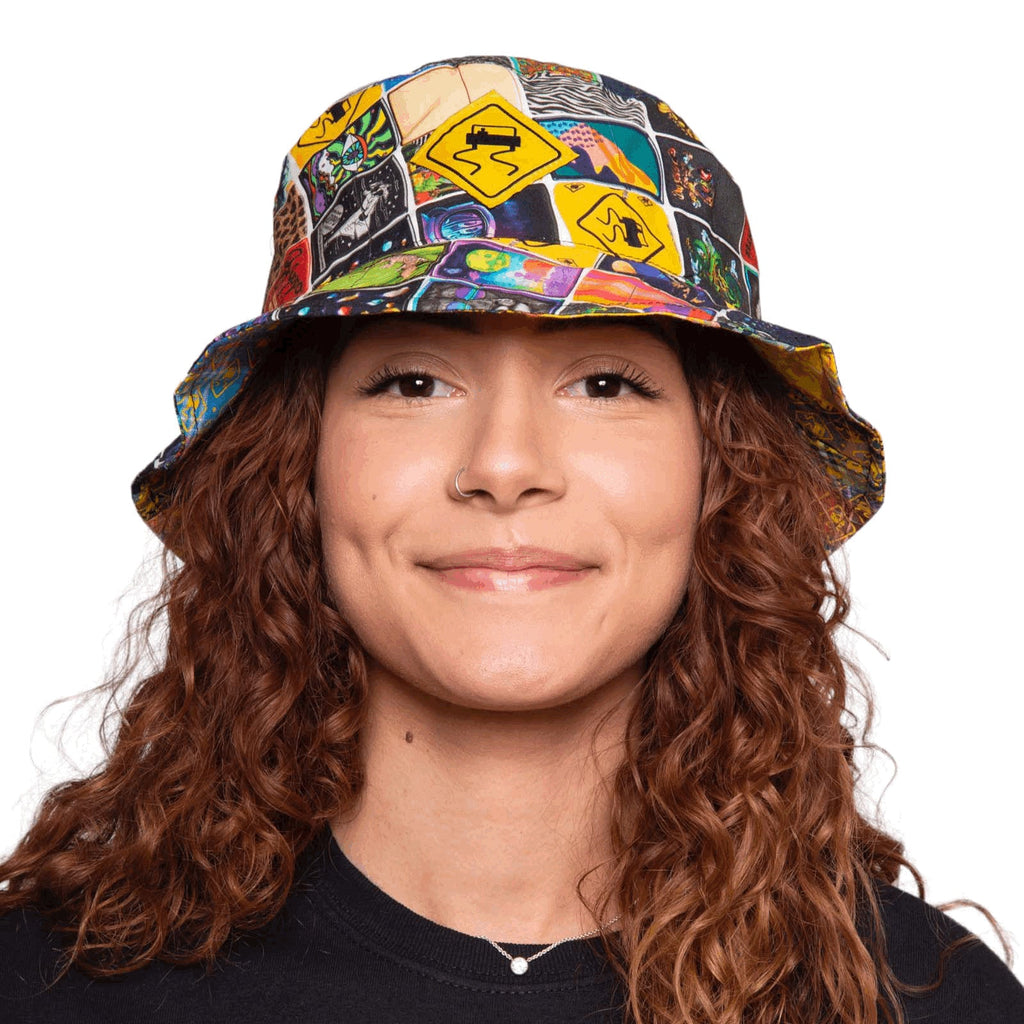 360 shot of woman wearing the Zippo x SKIDZ Bucket Hat, with the Zippo side showing.
