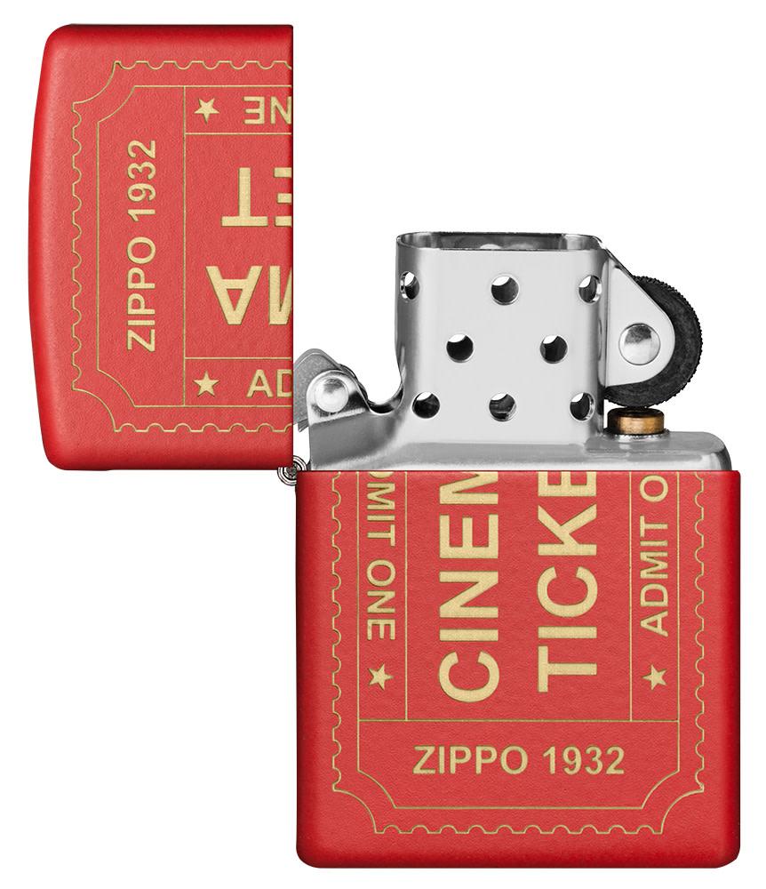 Cinema Ticket Red Matte Windproof Lighter with its lid open and unlit