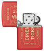 Cinema Ticket Red Matte Windproof Lighter with its lid open and unlit