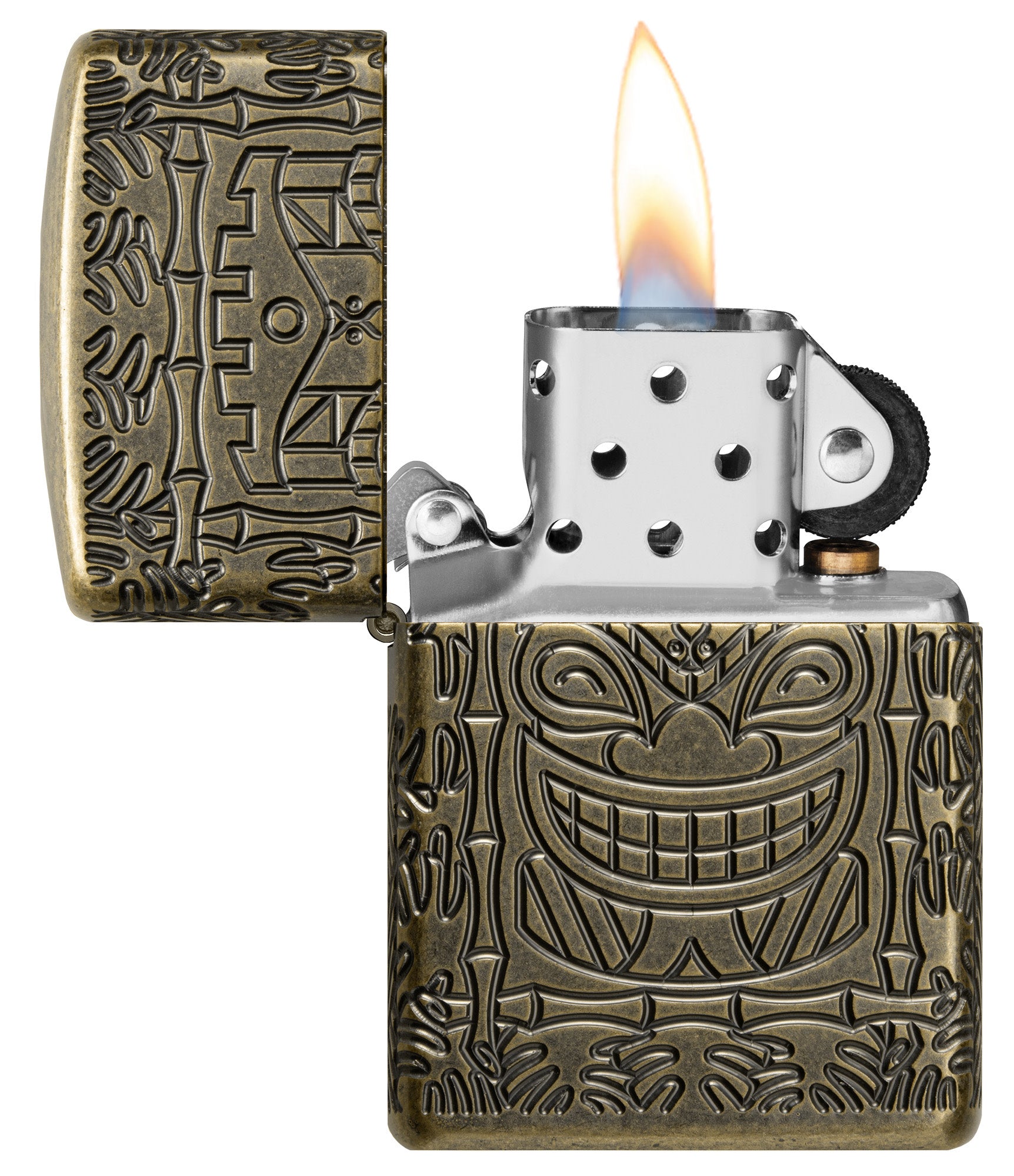 Tiki Design ArmorÂ® Antique Brass Windproof Lighter with its lid open and lit.