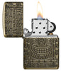 Tiki Design Armor® Antique Brass Windproof Lighter with its lid open and lit.