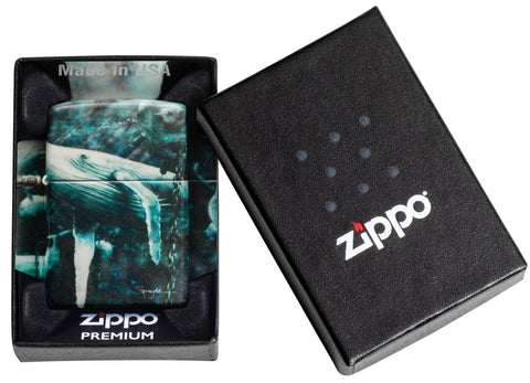 Zippo Spazuk Whale Design 540 Color Windproof Lighter in its packaging.