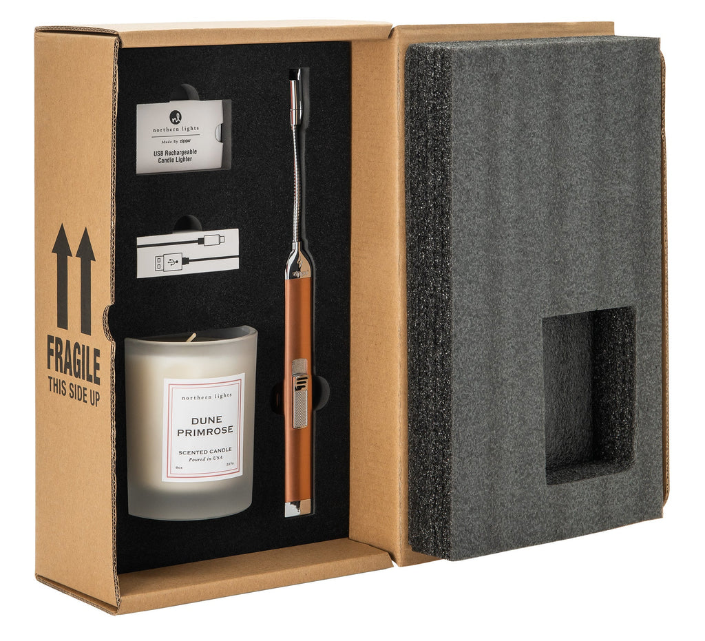 Rose Gold Rechargeable Candle Lighter & 8 oz Dune Primrose Candle Gift Set open, showing the products inside.