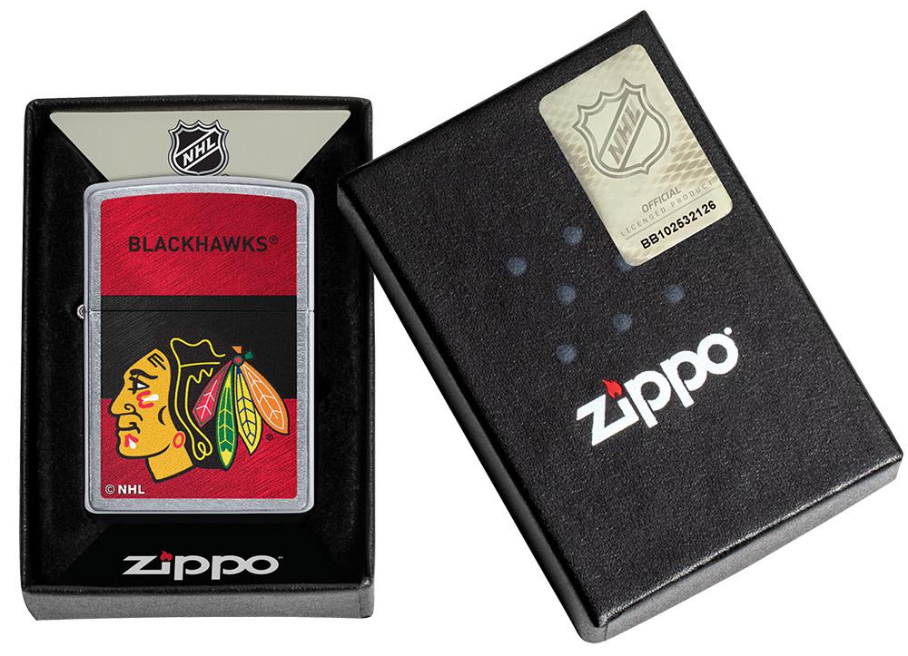 NHL® Chicago Blackhawks Street Chrome™ Windproof Lighter in its packaging