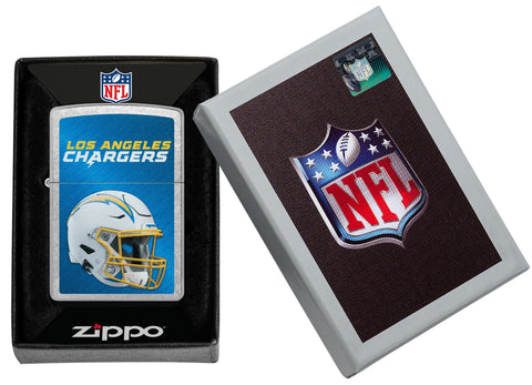 NFL Los Angeles Chargers Helmet Street Chrome Windproof Lighter in its packaging.