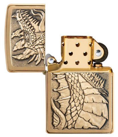 Dragon Emblem Design Brushed Brass Windproof Lighter with its lid open and unlit