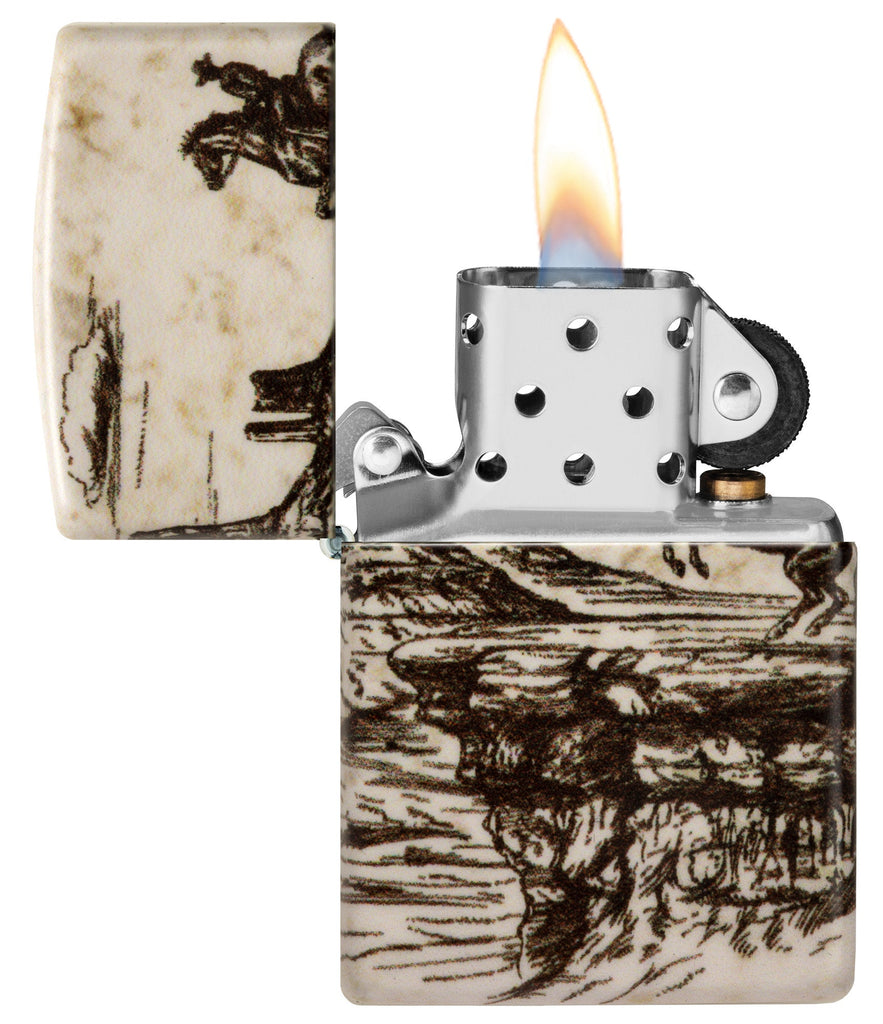 Zippo Wild West Scene Design 540 Color Windproof Lighter  with its lid open and lit.