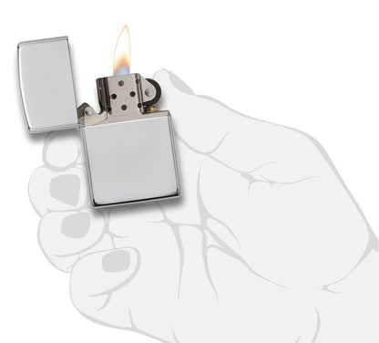 ArmorÂ® High Polish Sterling Silver Windproof Lighter lit in hand