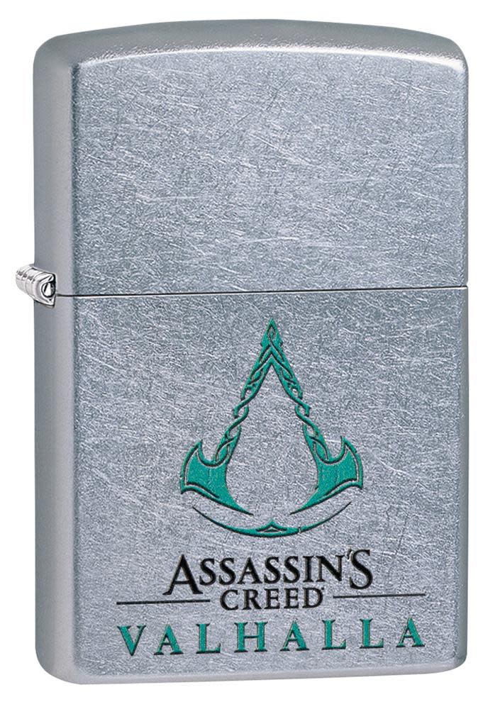 Assassin's Creed Valhalla pocket lighter closed showing the front of the lighter in a 3/4 angle