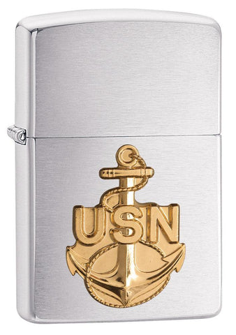 Front shot of United States Navy Brass Emblem Windproof Lighter standing at a 3/4 angle.