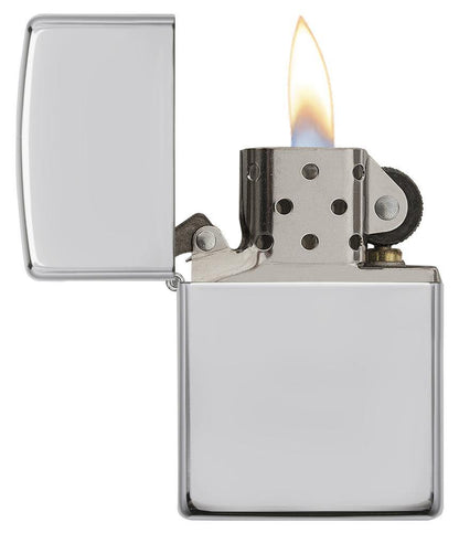 ArmorÂ® High Polish Sterling Silver Windproof Lighter with its lid open and lit