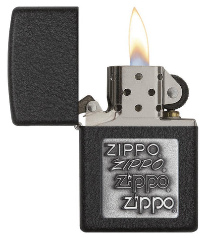 Black Crackle® Silver Zippo Logo Emblem Windproof Lighter with its lid open and lit