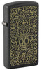 Front shot of Zippo Skull Filigree Design Slim Black Matte Windproof Lighter standing at a 3/4 angle.