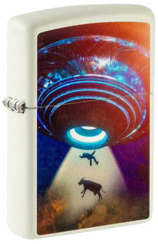 Front shot of UFO Design Glow In The Dark Windproof Lighter standing at a 3/4 angle.