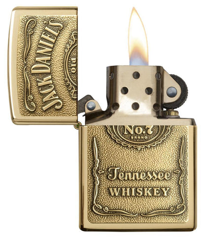 Jack Daniel's Windproof Lighter with its lid open and lit