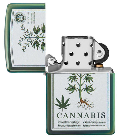 High Polish Green Cannabis Design Windproof Lighter open and unlit