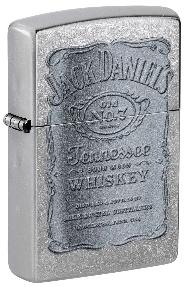 Front shot of Jack Daniel's Silver Logo Street Chrome Windproof Lighter standing at a 3/4 angle.