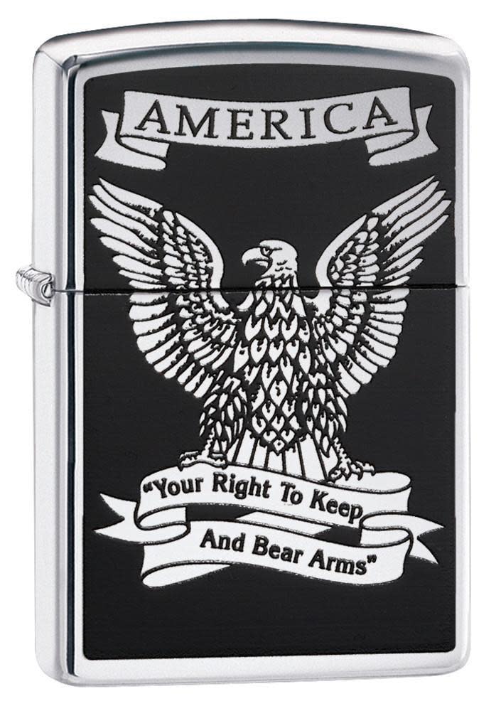 Black and White Americana High Polish Chrome Windproof Lighter 3/4 View