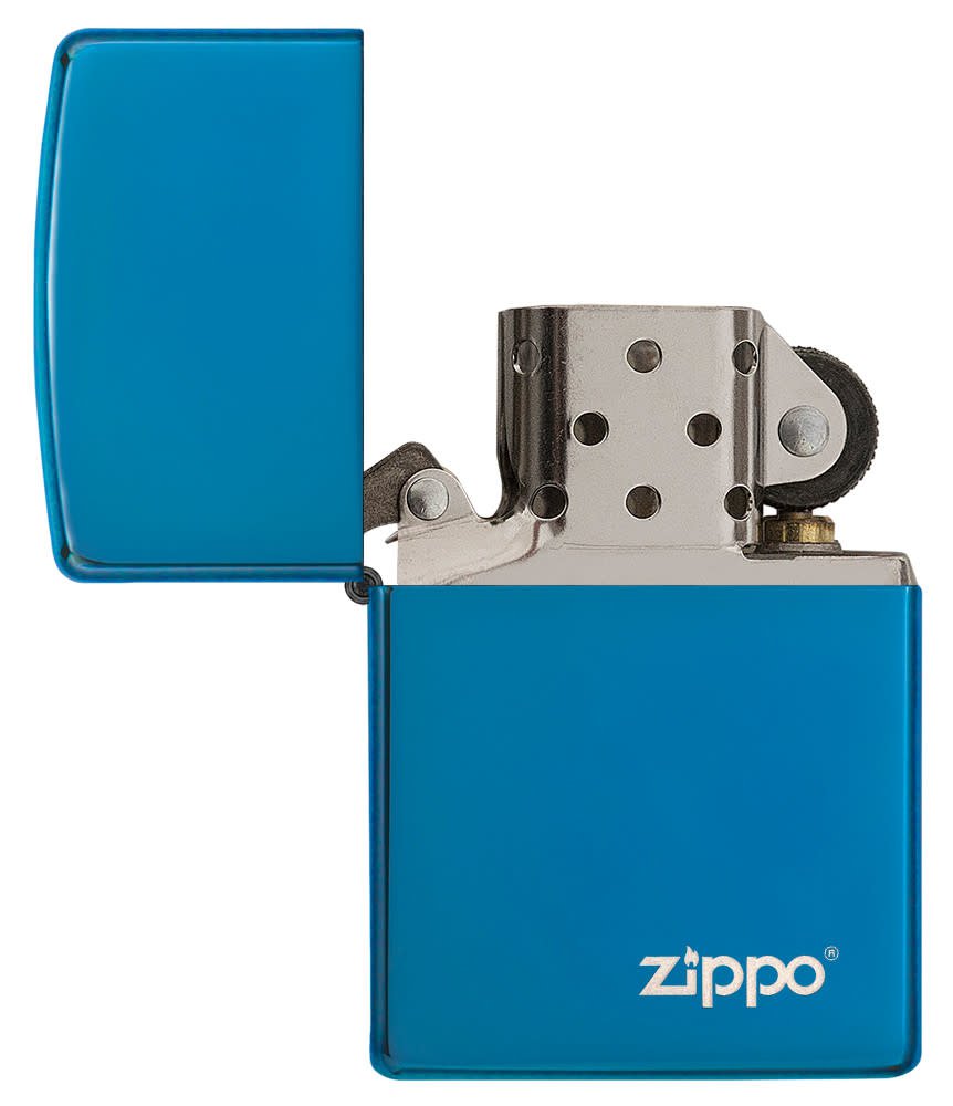 Classic High Polish Blue Zippo Logo Windproof Lighter with its lid open and unlit