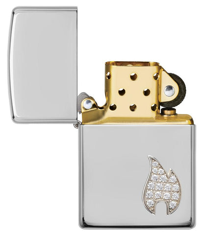 Armor® Sterling Silver Flame Emblem Windproof Lighter with its lid open and unlit.