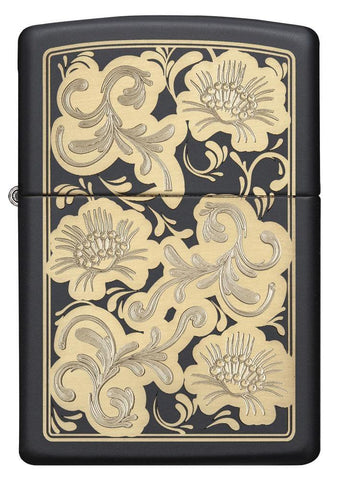 Front of Fancy Floral Black Matte Windproof Lighter