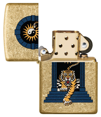 Zippo Tiger Tattoo Design Tumbled Brass Windproof Lighter with its lid open and unlit.
