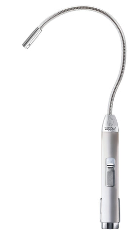 Front image of the silver Flex Neck XL utility lighter with the flex neck curved