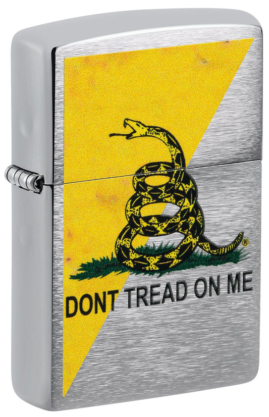 Front shot of Dont Tread On MeÂ® Flag Design Brushed Chrome Windproof Lighter standing at a 3/4 angle