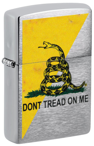 Front shot of Dont Tread On Me® Flag Design Brushed Chrome Windproof Lighter standing at a 3/4 angle